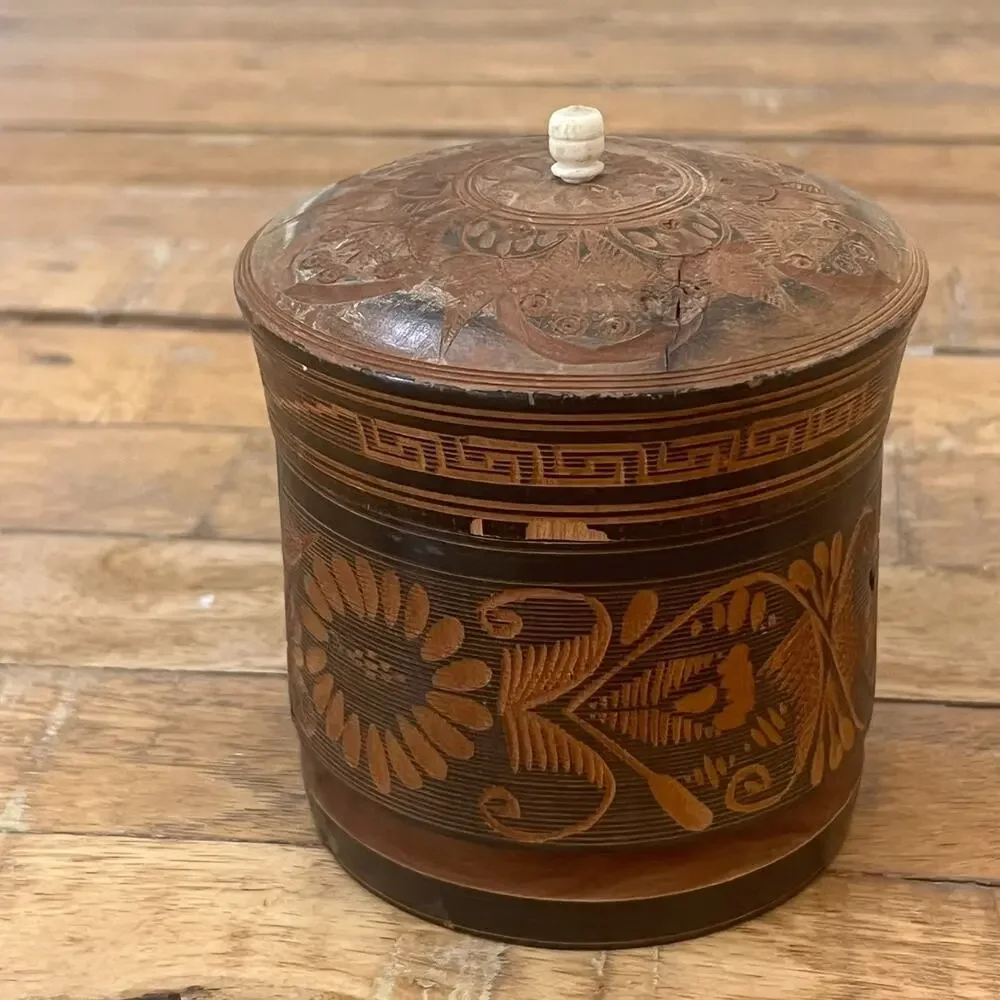 Vintage Hand Carved & Turned Solid Wood Container Trinket Box Lid 4